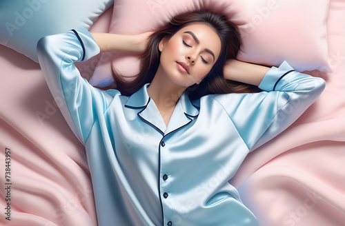 Beautiful young Asian woman sleeping on a bed in pajamas on pink bed linen, romantic shot