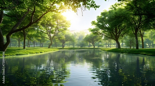 Raintree and many of green tree in the park and pond. Trees and green grass lawn field near lake with tree reflection on water. Lawn in garden on summer. Park with tropical plant. Urban ozone source. 