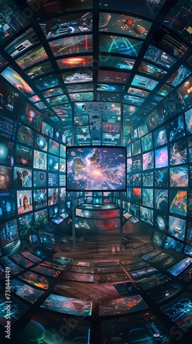 a digital screen with many tv images surrounding it