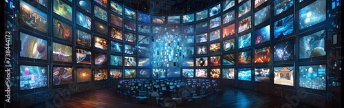 a digital screen with many tv images surrounding it