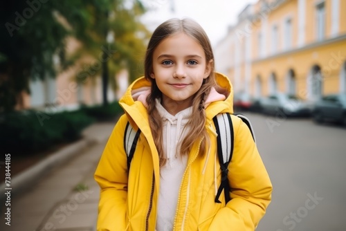 Portrait of a cute little girl in a yellow jacket on the street