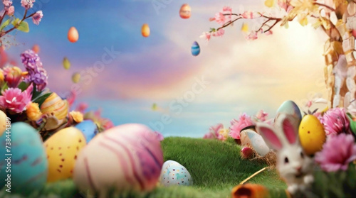 Easter eggs decoration and decoration embedded on the eggs with golden designing  with text copy space in the middle  in blue red  green color with background colors  and rabbits with glitters 