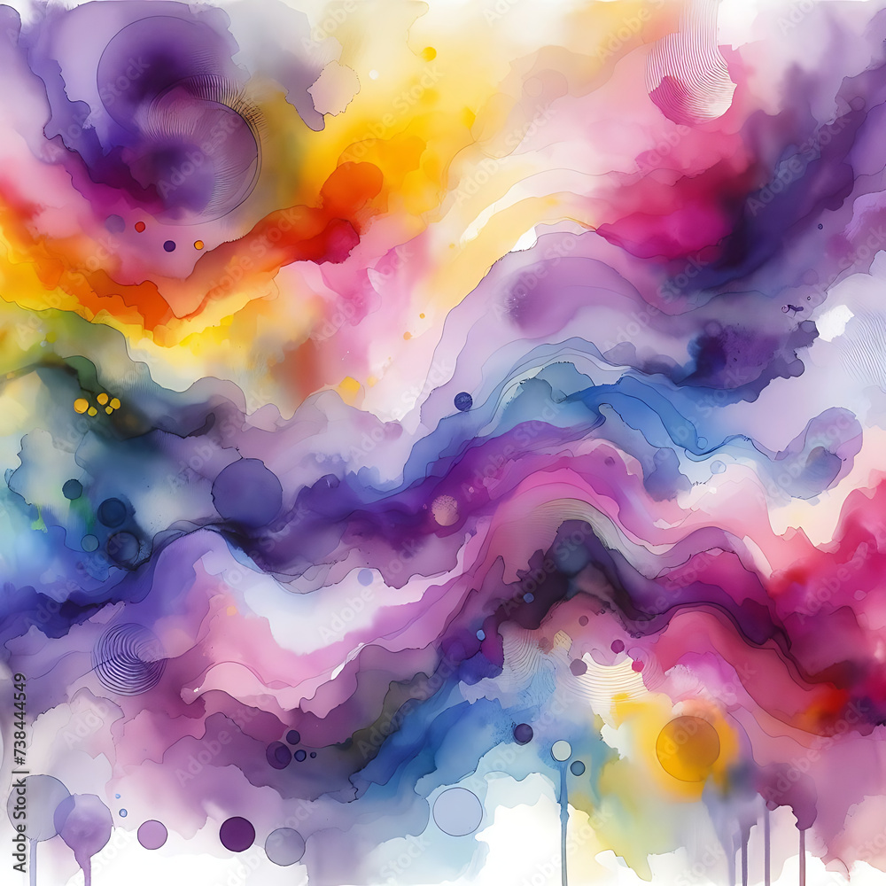 Abstract Watercolor painting purple, yellow, pink, blue, purple. Soft Color