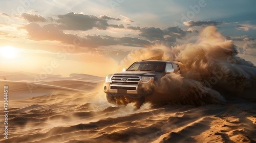 SUV Driving Through Desert Dunes kicking up sand on vast desert landscape at sunset photo