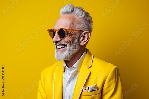 Portrait of a happy senior man in yellow jacket and sunglasses over yellow background