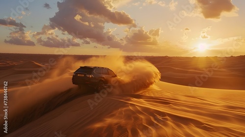 SUV Driving Through Desert Dunes kicking up sand on vast desert landscape at sunset