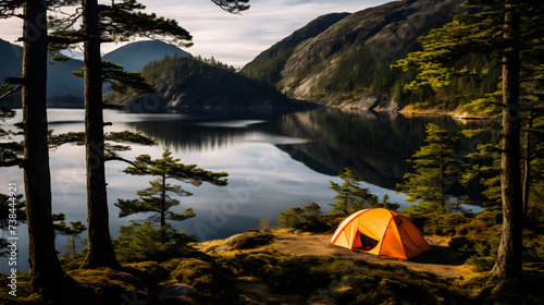 Solitary Orange Tent Amidst Green Fjord Landscape: A Captivating View of Fjord Camping Bliss