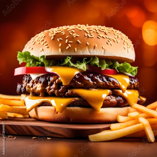 a hyper-realistic image of a cheeseburger with a box of tasty french fries in a warm color background