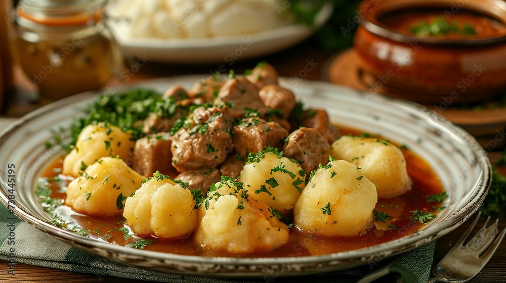 Homemade traditional Polish potato dumplings kopytka served with meat stew close-up in a plate on the table. Horizontal Homemade traditional Polish potato dumplings kopytka served with meat stew close-up in a plate on the table. Horizontal