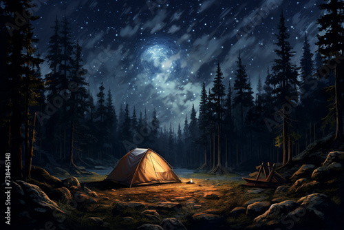 A tent in the forest lit up by the night sky