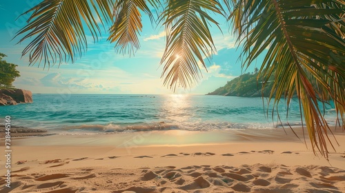 Tropical beach with palm trees during a sunny day A calm and sunny place to rest and dream beach ocean clear clean sand coast beach and tree leaf background