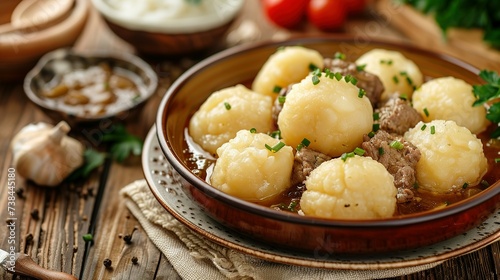 Homemade traditional Polish potato dumplings kopytka served with meat stew close-up in a plate on the table. Horizontal