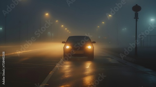 Modern car in city fog with yellow Headlights on