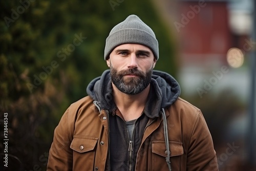 Portrait of a handsome bearded man wearing a hat and coat outdoors
