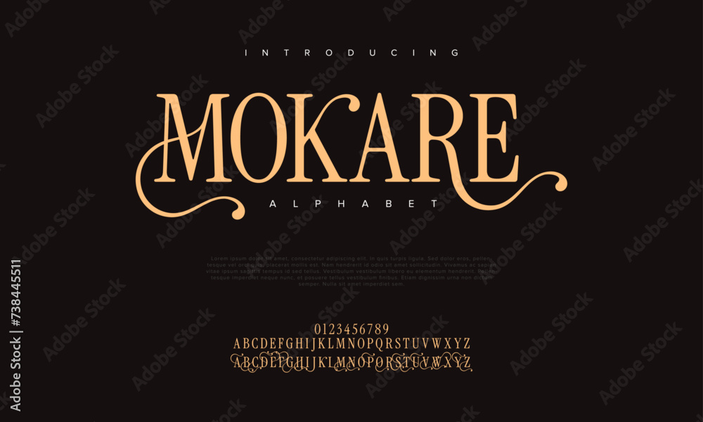 Mokare premium luxury elegant alphabet letters and numbers. Elegant wedding typography classic serif font decorative vintage retro. Creative vector illustration Mokare premium luxury elegant alphabet letters and numbers. Elegant wedding typography classic serif font decorative vintage retro. Creative vector illustration