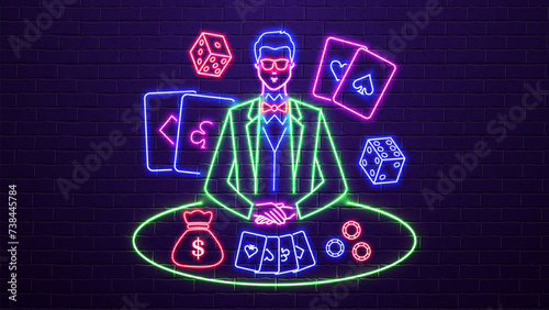 Neon stickman with dice, chips, cards, money and a table in green, blue and red on a brick wall background. The concept for an online casino.