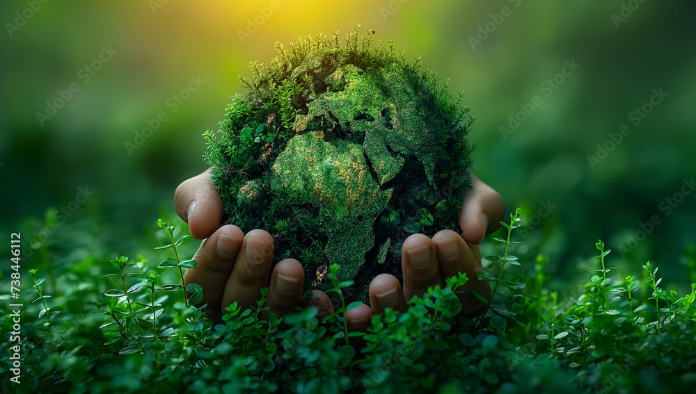 Hand holding earth on green grass on sunlight Energy saving conc.