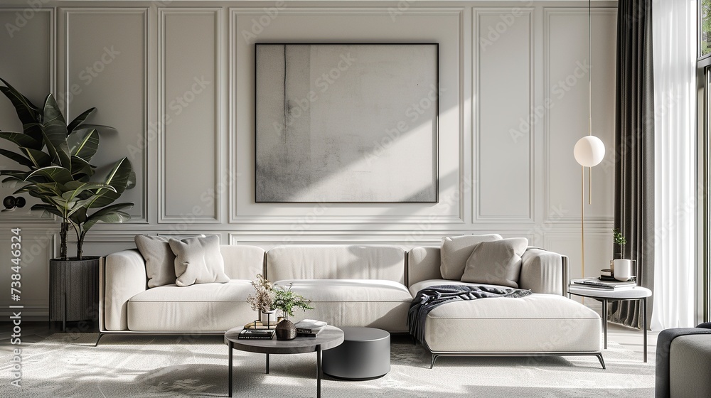 Interior of modern sophisticated living room with elegant color palette and scandinavian elegance 