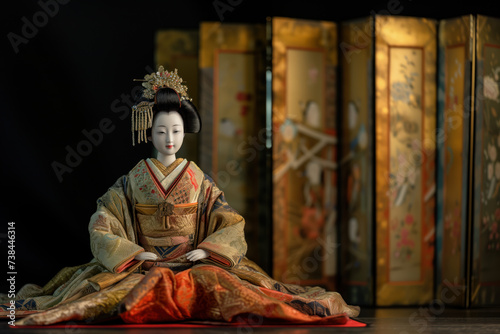 A Japanese female hina doll sitting against a gold folding accordion screen, Japan. photo