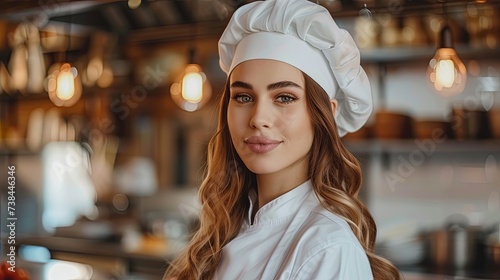 Young woman cook restaurant kitchen chef wallpaper background