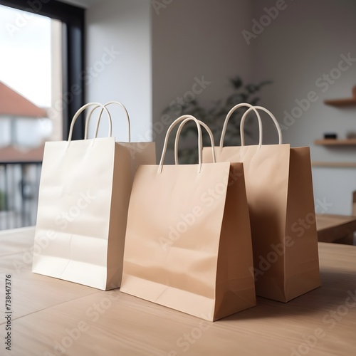 Shopping bags on a table in a modern home. On sale, discount, online shopping. paper bags. 