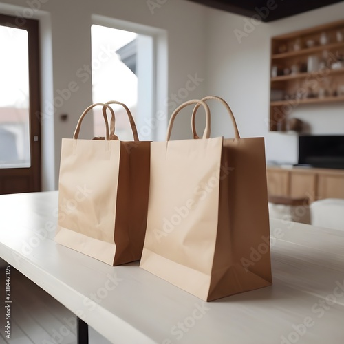 Shopping bags on a table in a modern home. On sale, discount, online shopping. paper bags. 