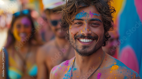 man at the Holi festival of colours in India or Nepal, people covered in colour at Holi, a Hindu spring festival in India, Holi celebration, people with color powder at Holi