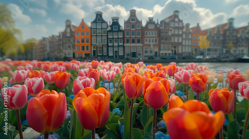 low angle view at tulips in front of Amsterdam row houses, city scene, colorful Spring season in the Netherlands, colorful tulips in Amsterdam city