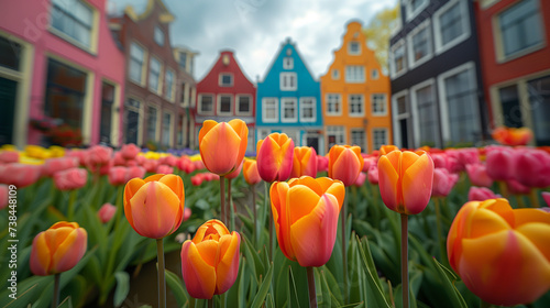 low angle view of  tulips in front of Amsterdam row houses, city scene, colorful Spring season in the Netherlands, colorful tulips in Amsterdam city