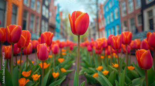  tulips in front of Amsterdam row houses, city scene, colorful Spring season in the Netherlands, colorful tulips in Amsterdam city, blur background, soft bokeh