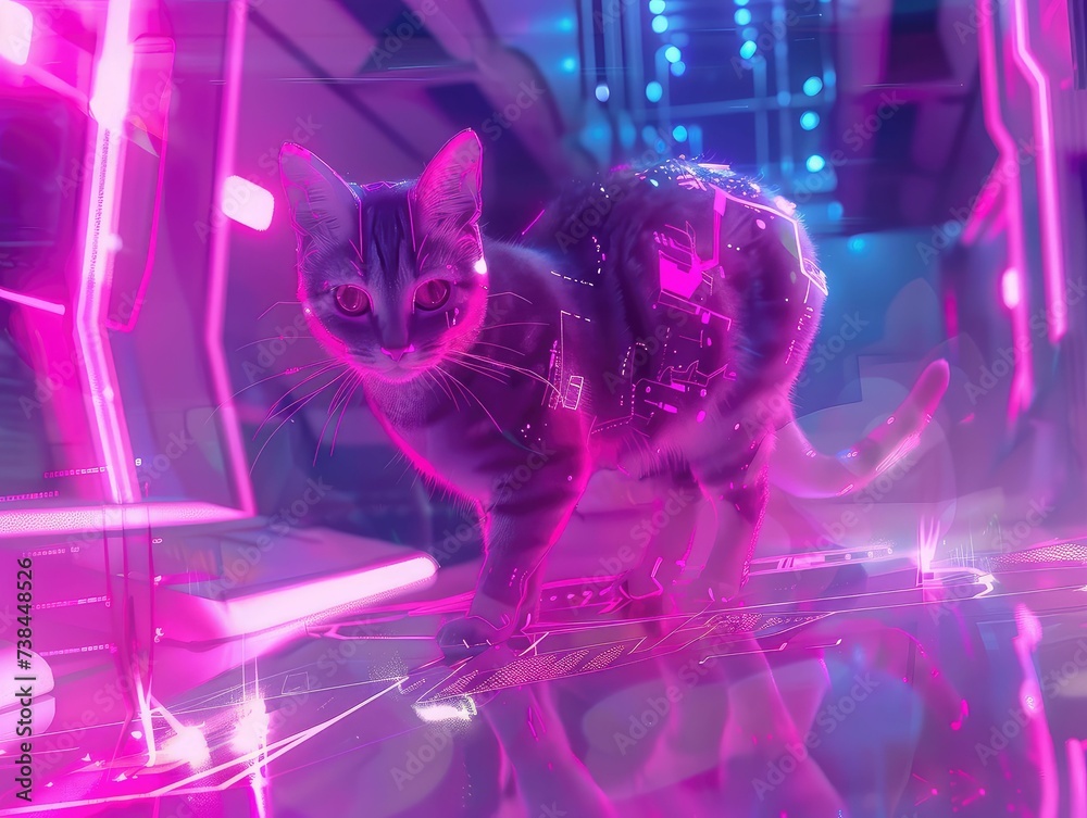 Futurist feline pink neon glow exploring a cybernetic landscape cute expressions high tech world Futurist feline pink neon glow exploring a cybernetic landscape cute expressions high tech world