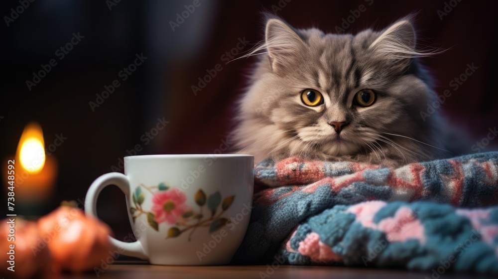 Cute cat sitting near cup and bakery in cozy home interior wallpaper background	

