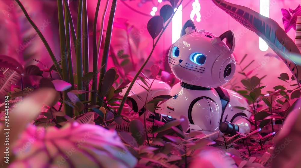 Charming robotic cat in a lush pink sci fi garden futuristic flora interactive and cute