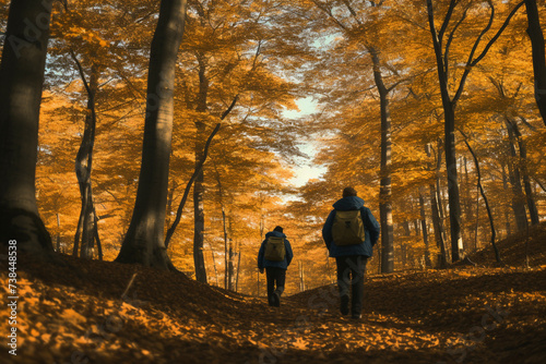 Two hikers walking through an autumn forest