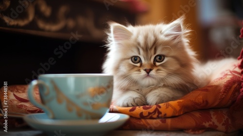 Cute cat sitting near cup and bakery in cozy home interior wallpaper background 