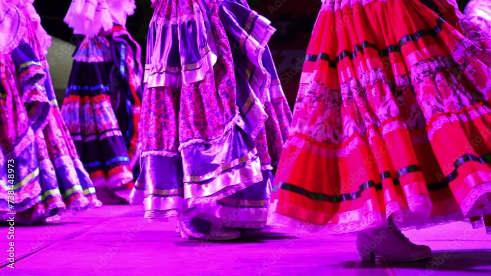 Closeup of women dancing a Mexican cultural folk dance showing the different ethnic dances of La Paz, Baja California Sur, Mexico in slow motion.