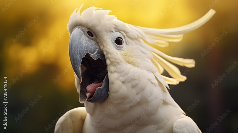 The Cacatua galerita, a Sulphur-crested Cockatoo, is yawning and singing.