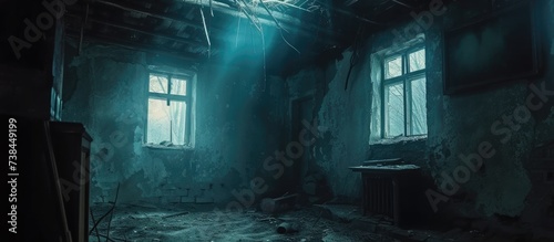 Abandoned house with a dimly lit room