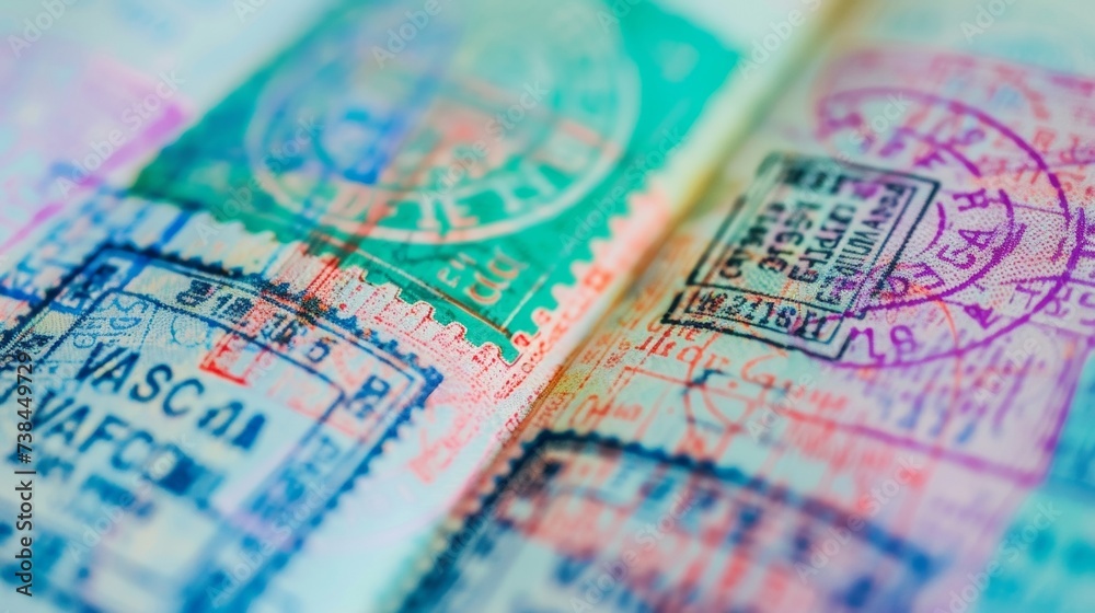 The closeup view of a passport with various colorful stamps and entry visas representing the many countries the traveler has visited. The closeup view of a passport with various colorful stamps and entry visas representing the many countries the traveler has visited.