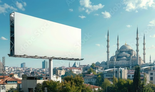 ramadan concept. landscape billboard mockup. blank billboard, with city mosque in the background 