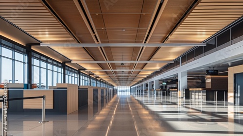 A linear openconcept design creates a seamless flow through the departure hall with sleek checkin counters and boarding gates visible at every turn.
