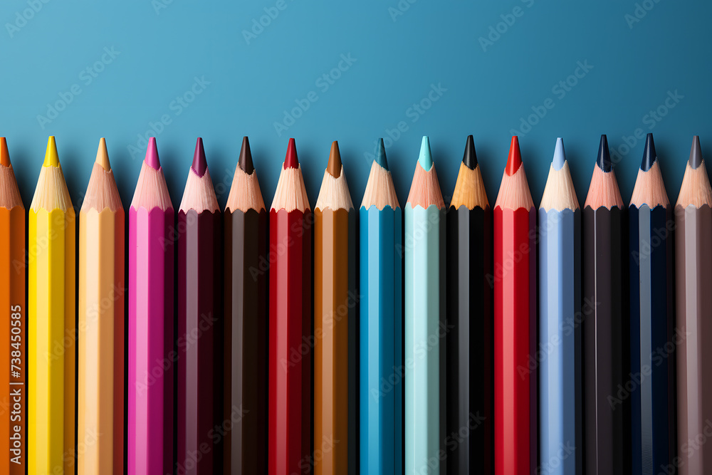 Row of colored pencils with light blue background. Back to school.