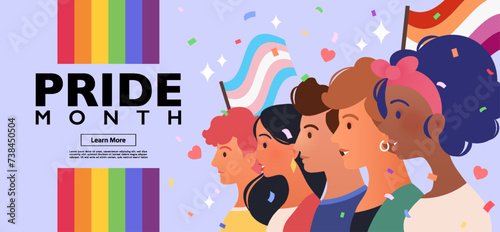 People gathering to celebrate PRIDE month while holding LGBT lesbian and transgender flags. Vector illustration for banner and Background