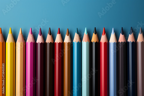 Obraz na płótnie Row of colored pencils with light blue background. Back to school. w salonie