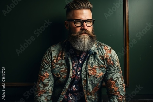 Portrait of a stylish hipster with long beard, mustache and glasses.