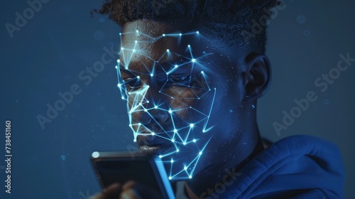 Young man using facial recognition technology with mobile phone