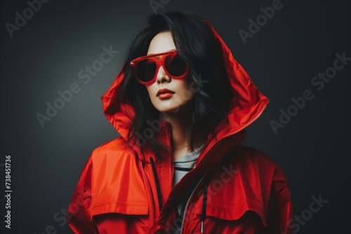 Fashionable young woman in red raincoat and sunglasses on dark background.