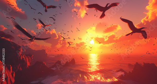 flying birds in a sunset