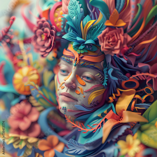 woman with a head adorned with vibrant flowers