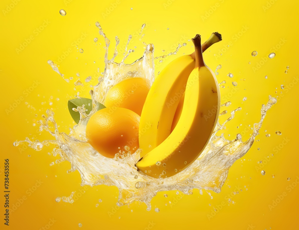 The dipped banana creates a water splash effect on a yellow background